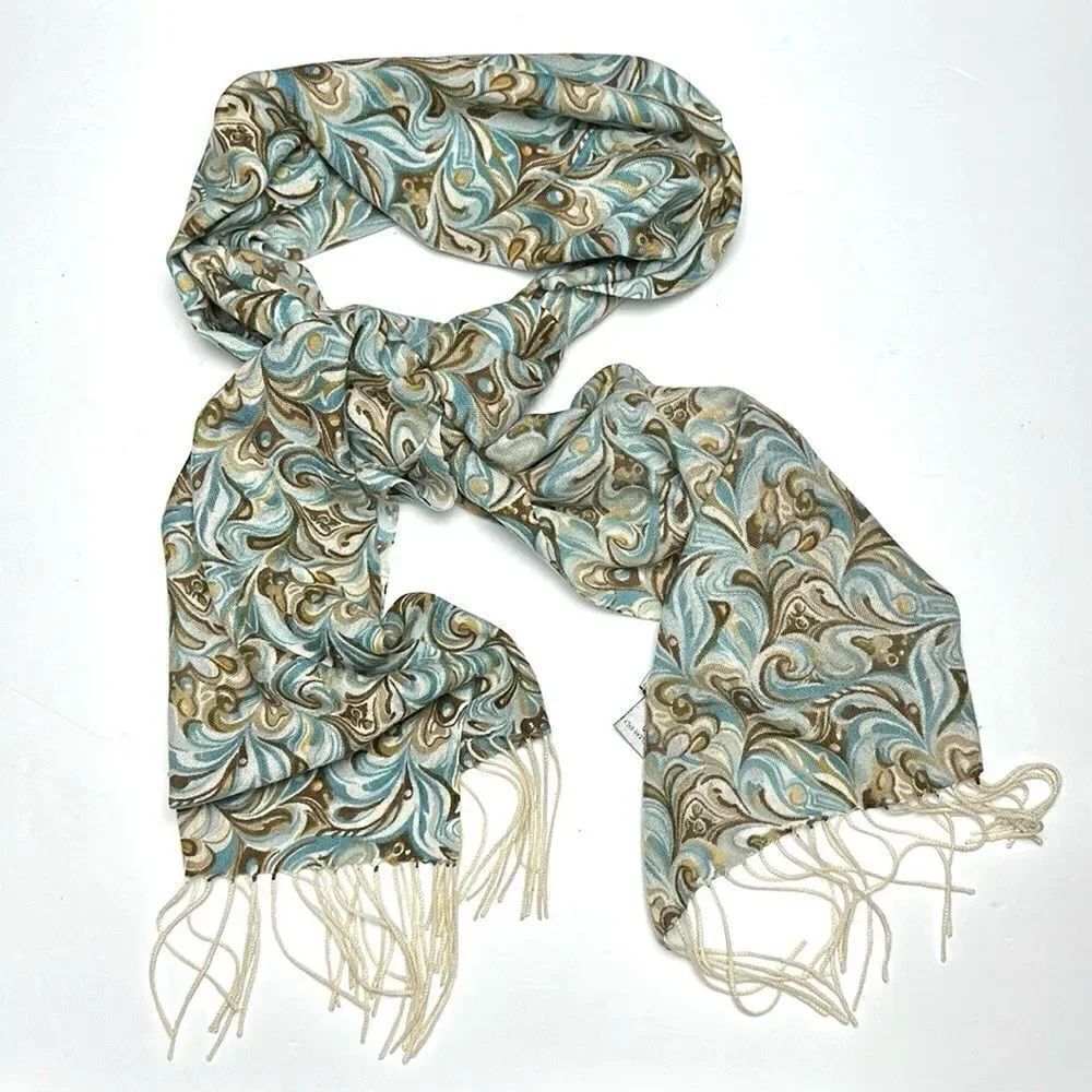 Precious Fibers Cashmere Oblong Scarf With Fringe Turquoise Brown Paisley